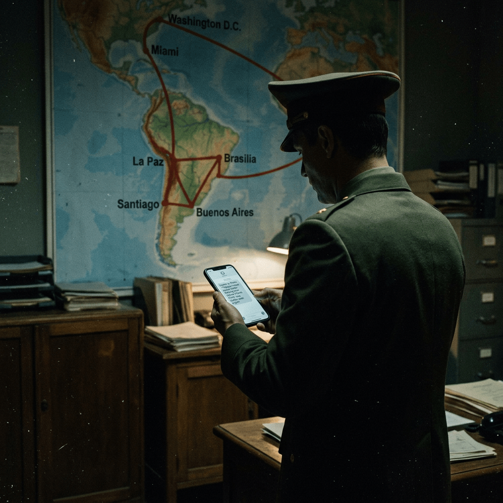 Uniformed man viewing phone beside map labeled Miami, La Paz, Brasília, Santiago, and Buenos Aires