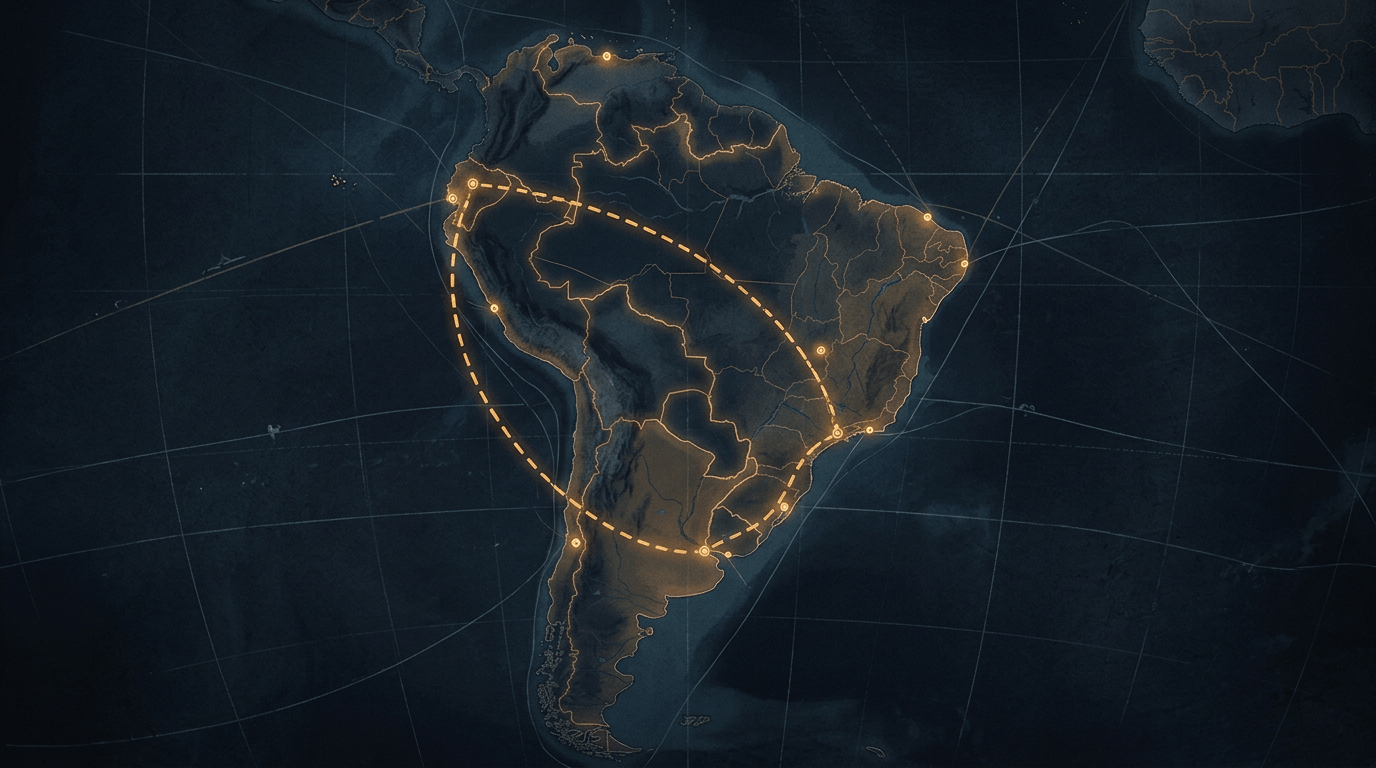Stylized map of South America with glowing borders, cities, and a dashed route loop