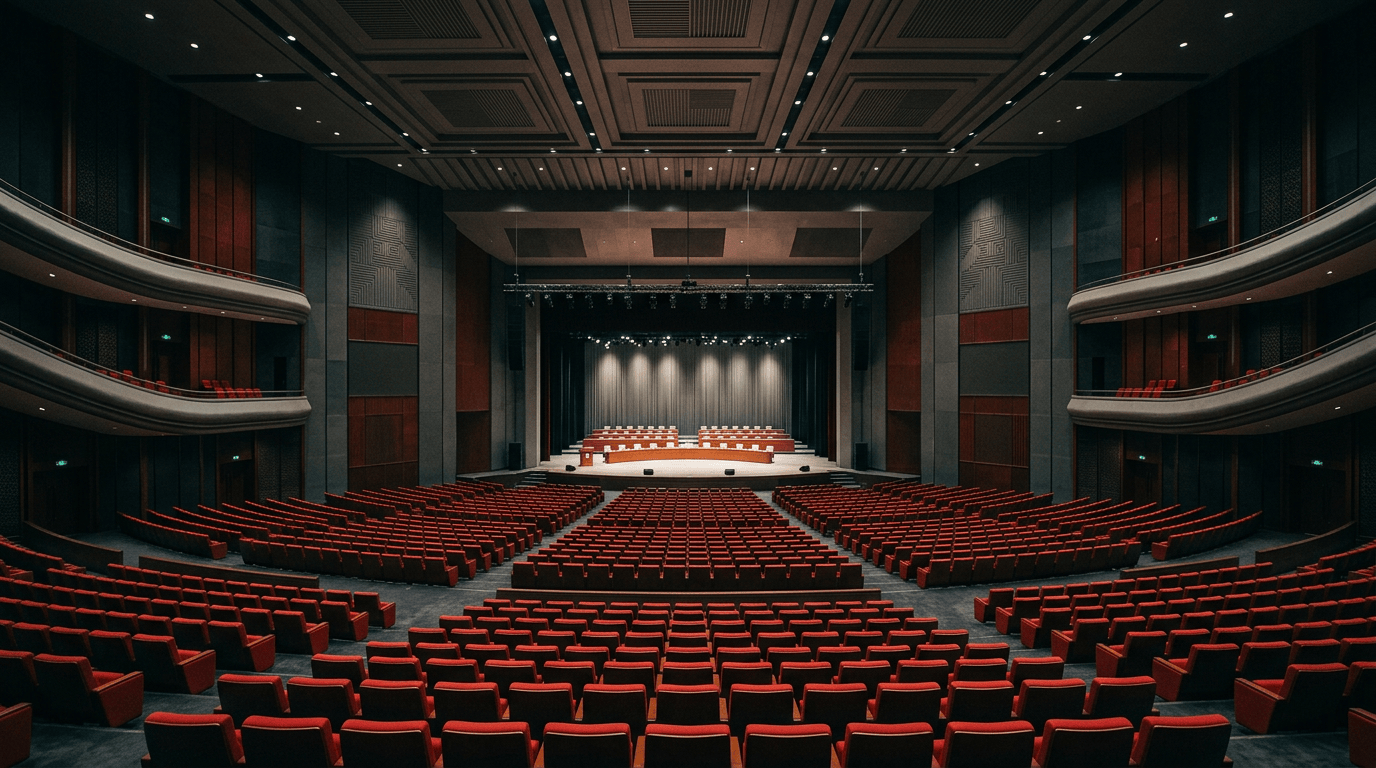 Empty theater with red seats facing a lit stage